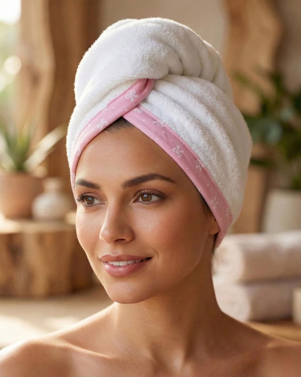 Hair Drying Towel Wrap – Pink Bow Printed Terry Turban