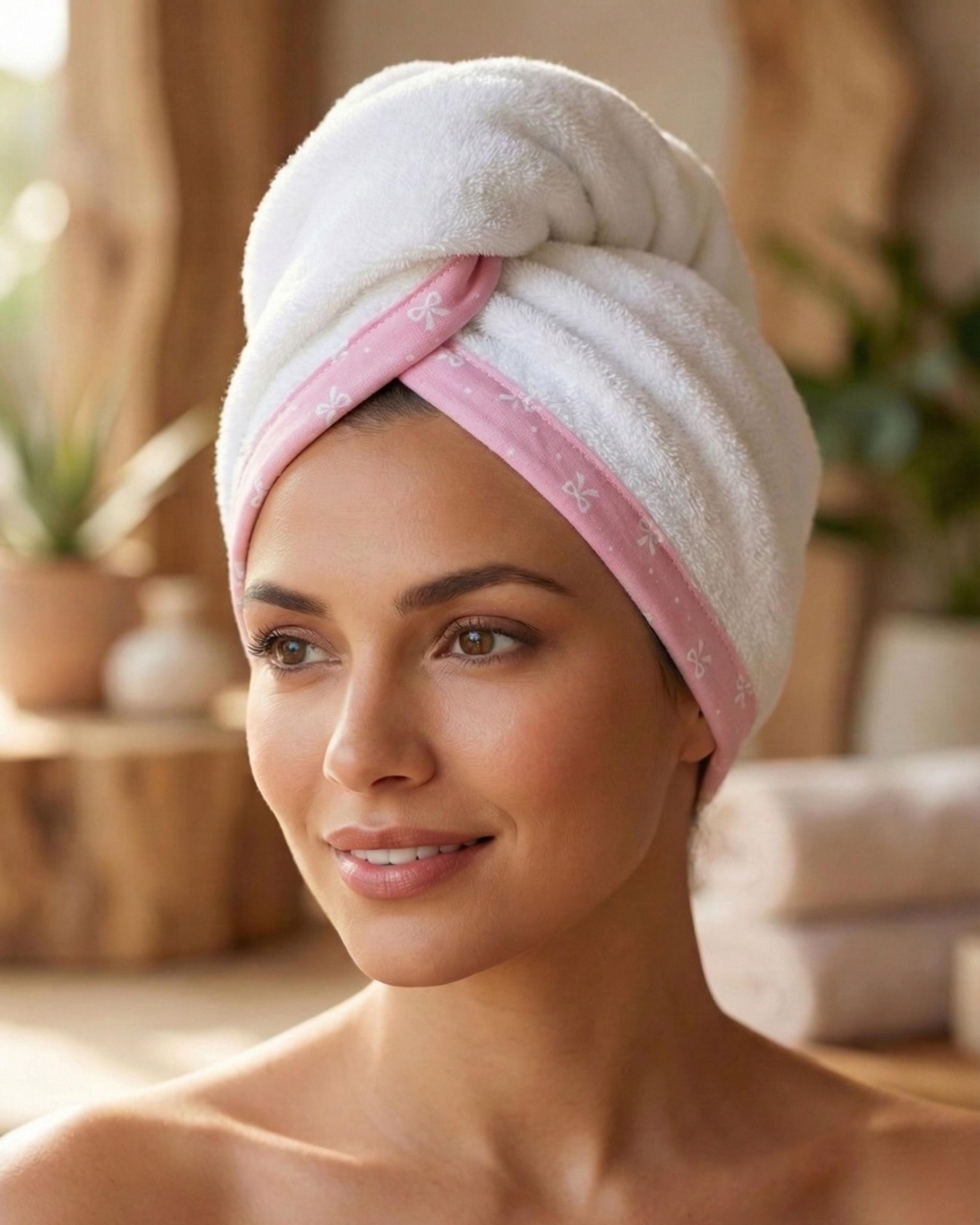 Hair Drying Towel Wrap – Pink Bow Printed Terry Turban