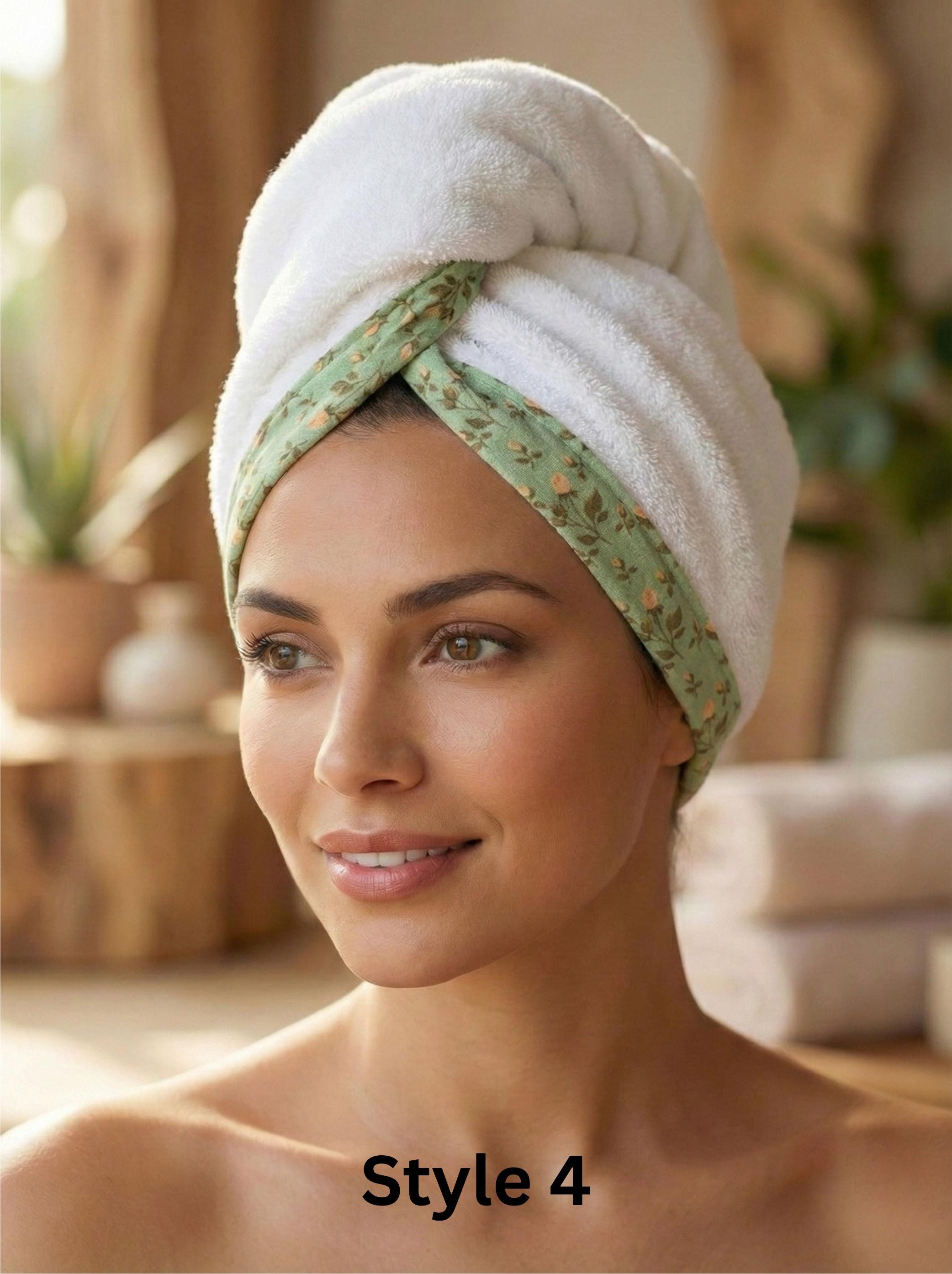 Cotton Hair Drying Towel Wrap, Quick Dry Towel Turban, Pink Floral Patterned Trim