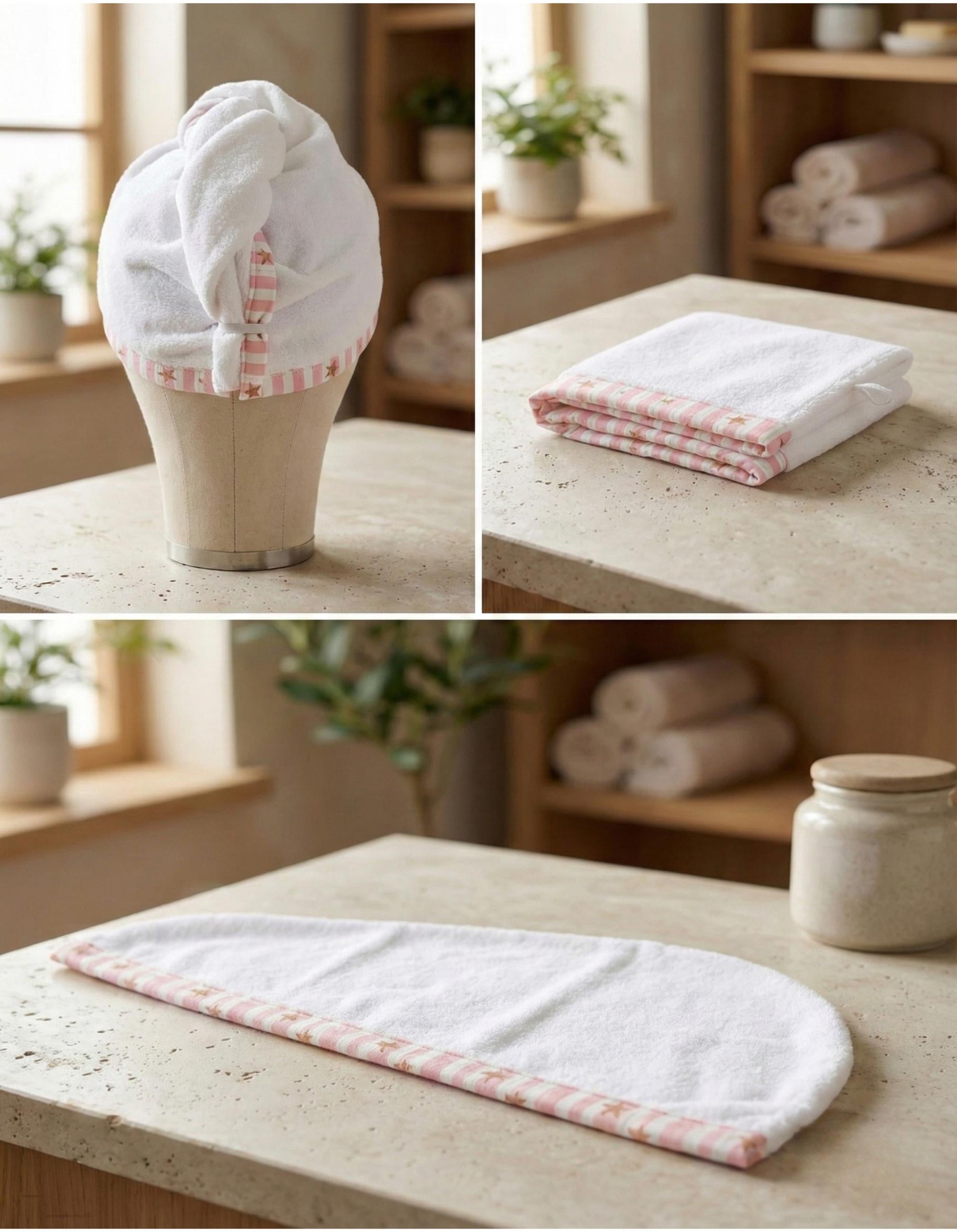 Pink Striped Star Hair Towel Wrap, Bamboo Cotton Turban