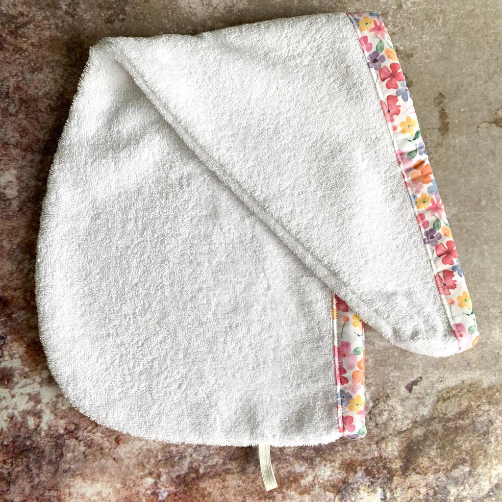 Cotton Hair Drying Towel Wrap, Quick Dry Towel Turban, Pink Floral Patterned Trim