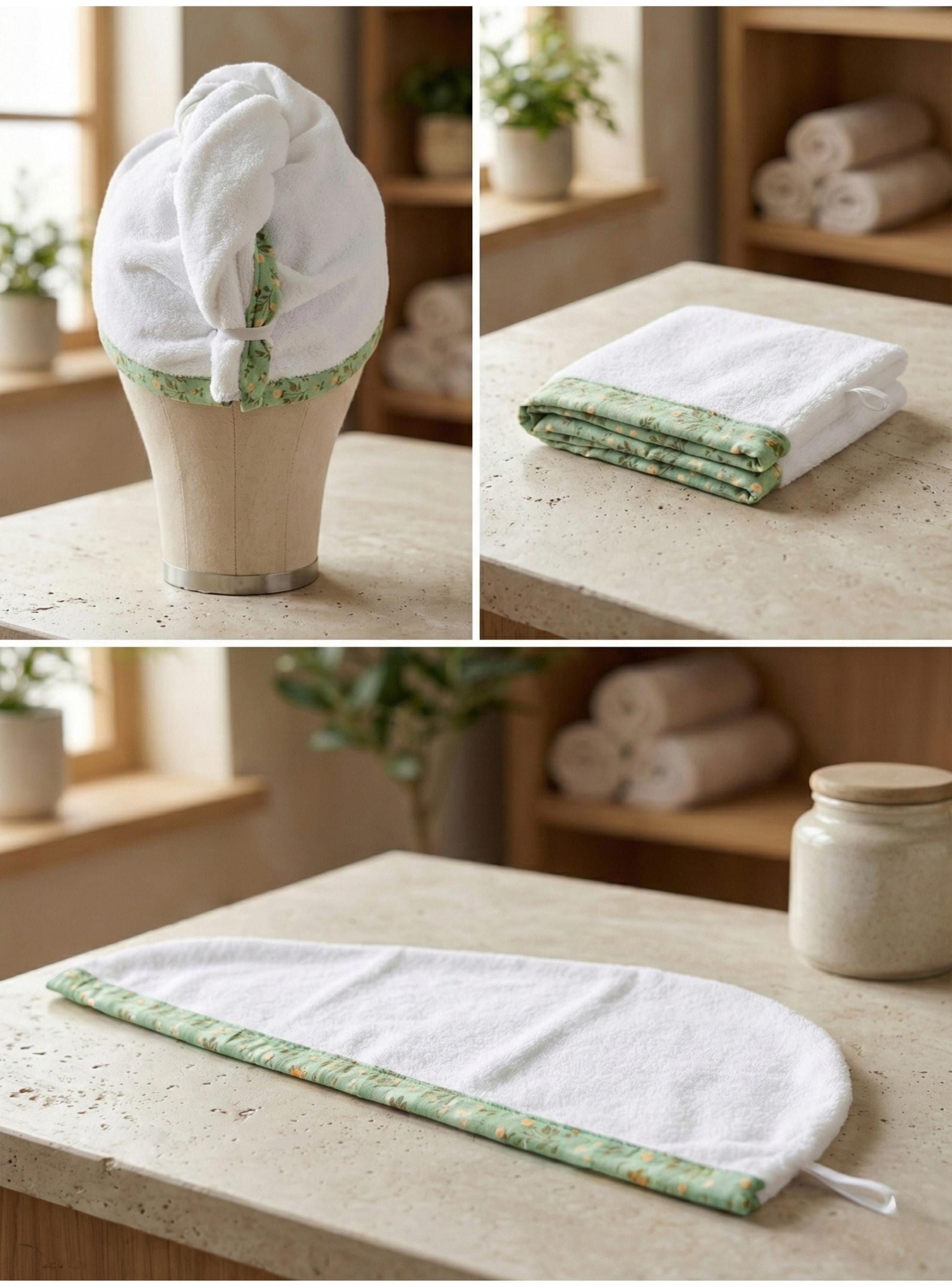 Terry Cloth Hair Towel Wrap, Sage Green Floral Trim, Handmade