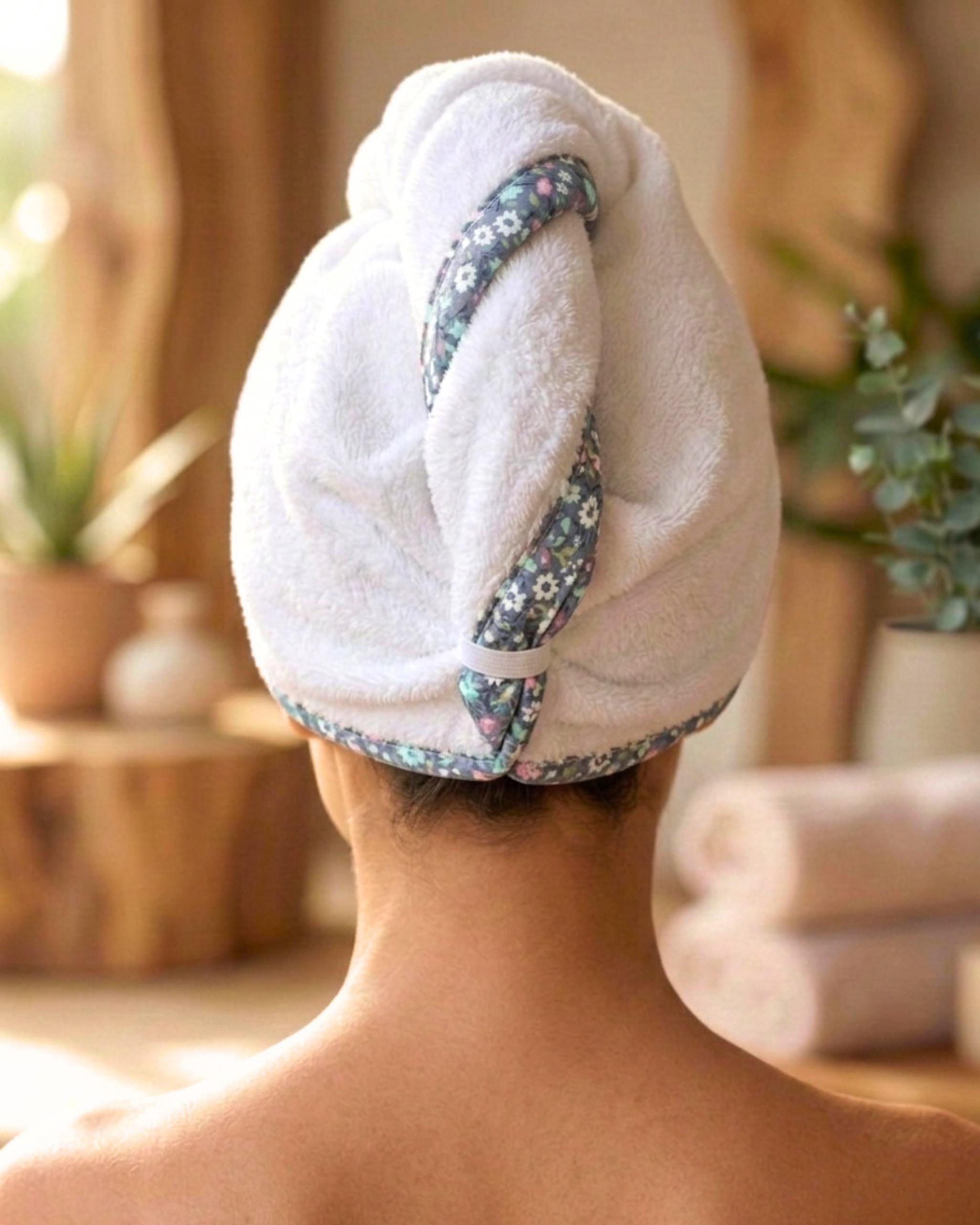 Turkish Cotton Hair Towel Wrap, Quick Drying Turban, Floral Trim Head Towel