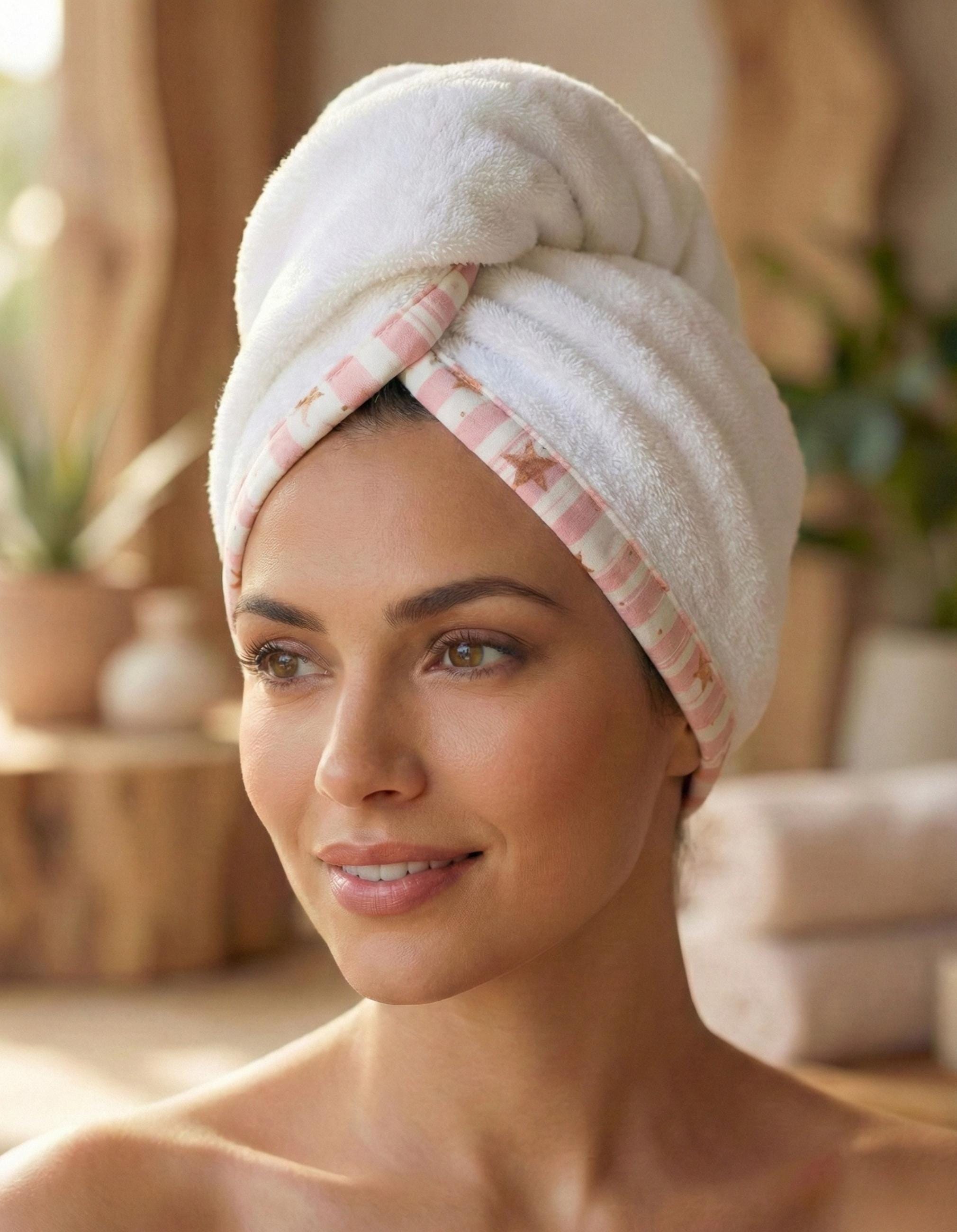 Pink Striped Star Hair Towel Wrap, Bamboo Cotton Turban