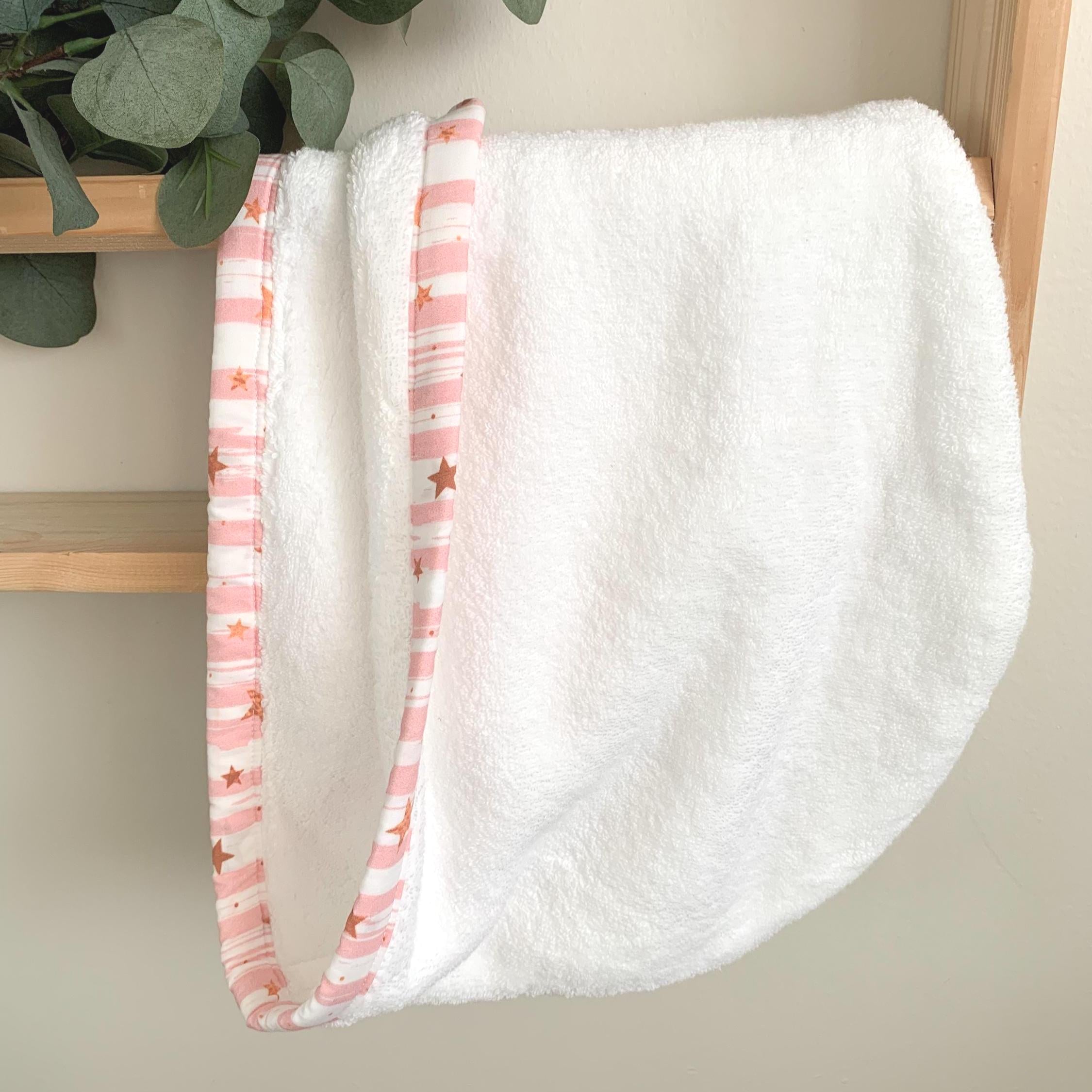 Pink Striped Star Hair Towel Wrap, Bamboo Cotton Turban