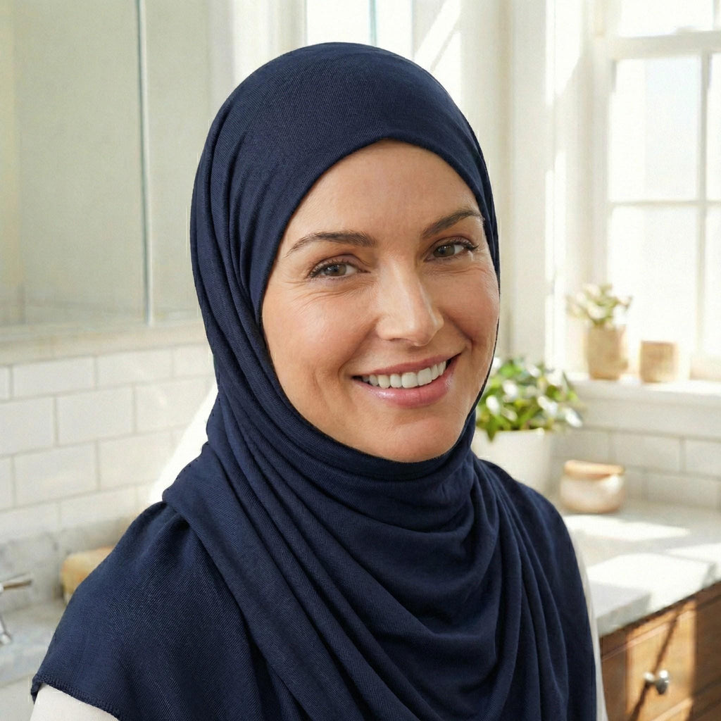 Navy Blue Jersey Hijab: Soft, Non-slip Turban Headscarf for Daily Wear