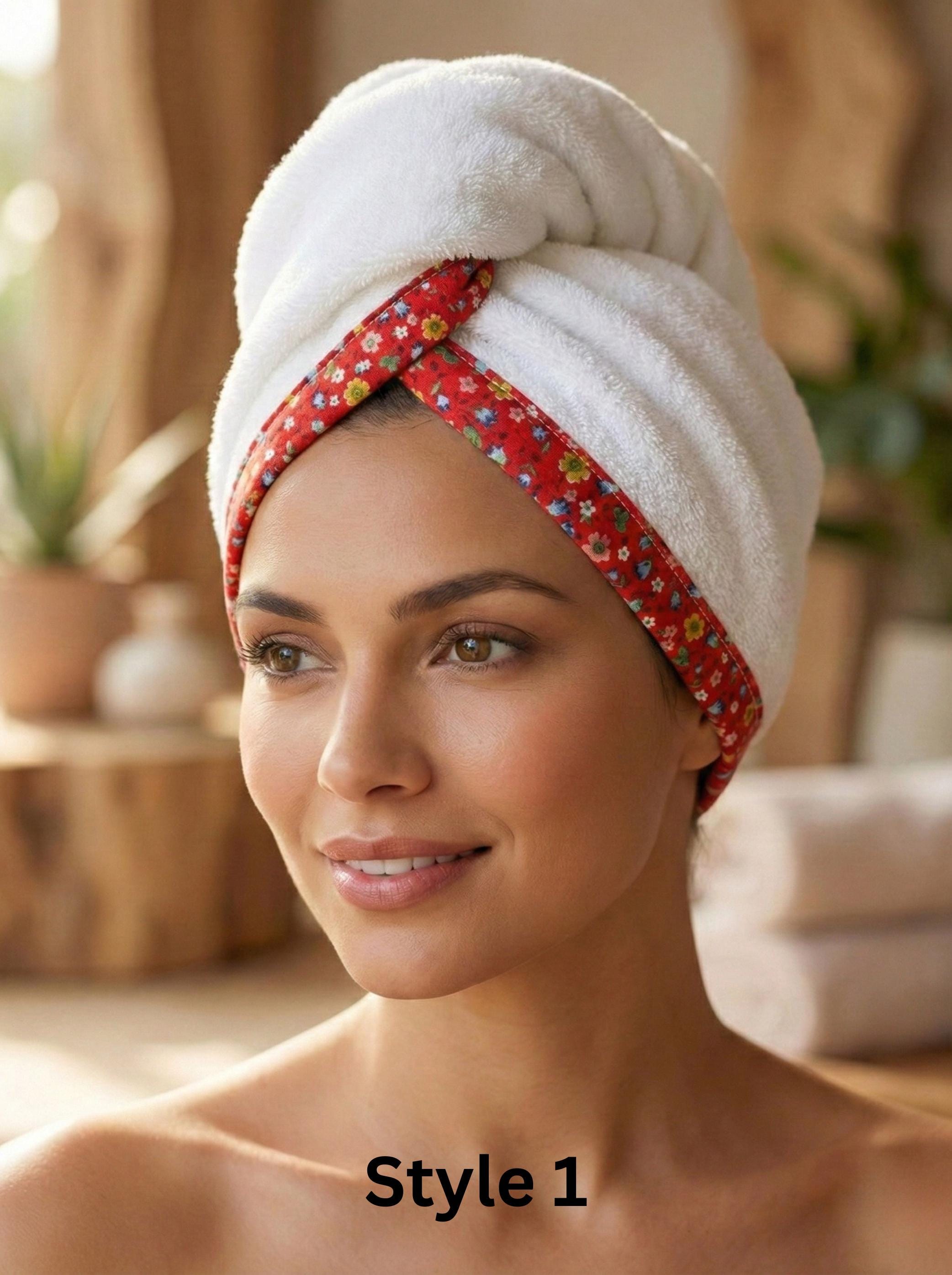 Cotton Hair Drying Towel Wrap, Quick Dry Towel Turban, Pink Floral Patterned Trim