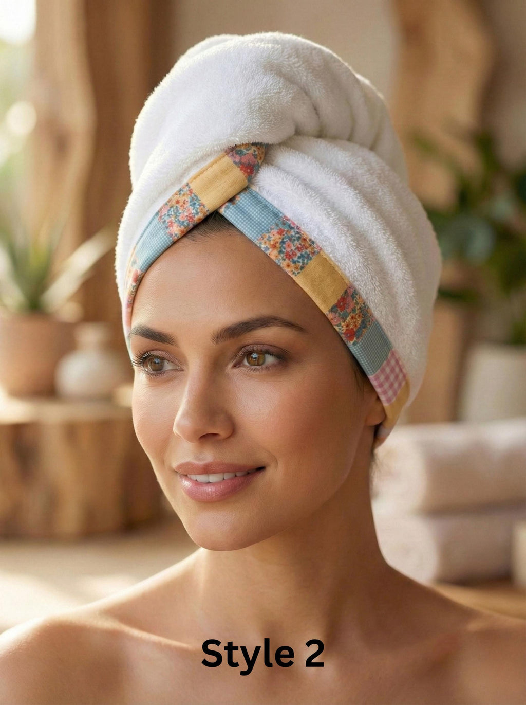 Cotton Hair Drying Towel Wrap, Quick Dry Towel Turban, Pink Floral Patterned Trim