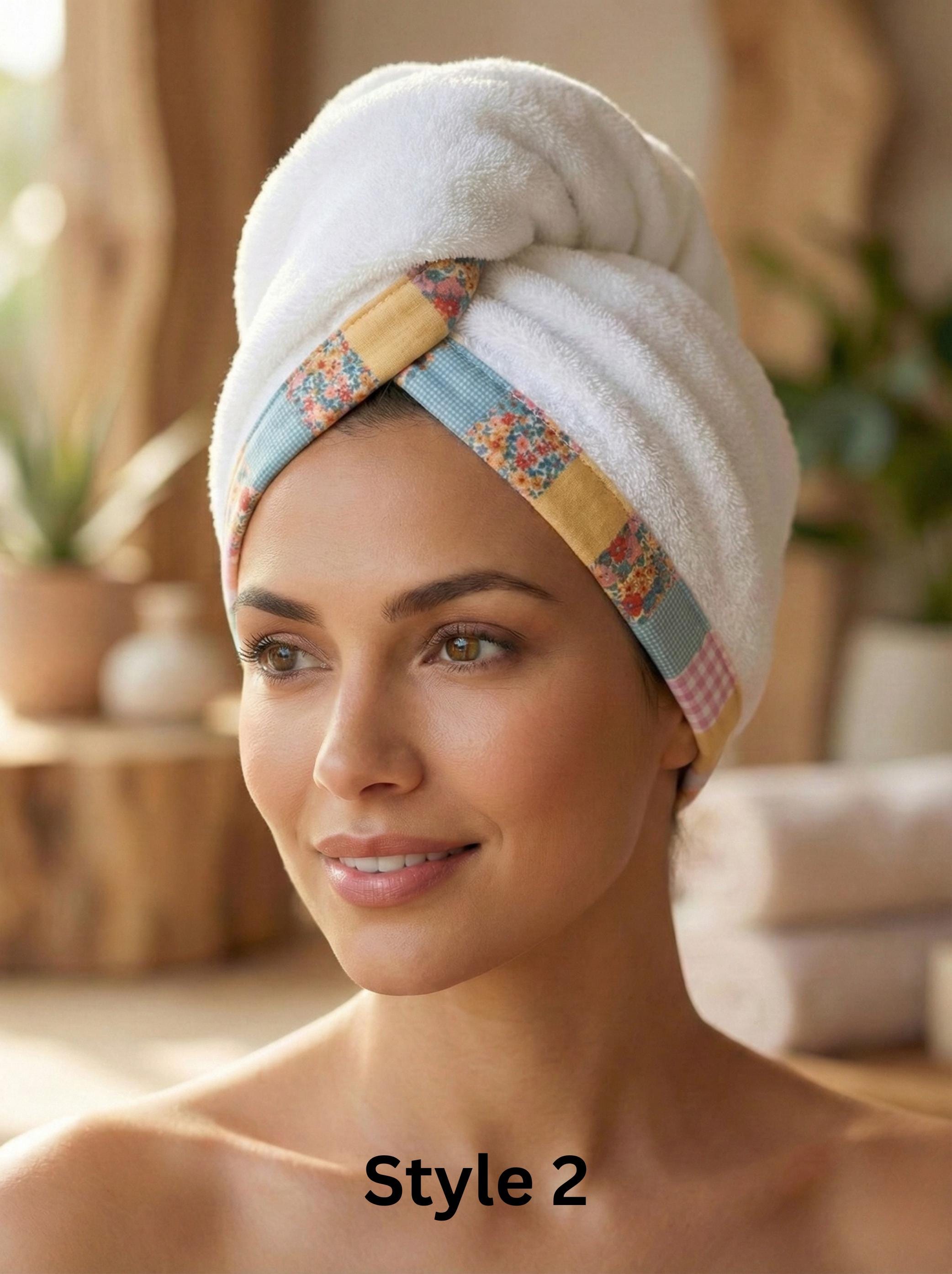 Cotton Hair Drying Towel Wrap, Quick Dry Towel Turban, Pink Floral Patterned Trim