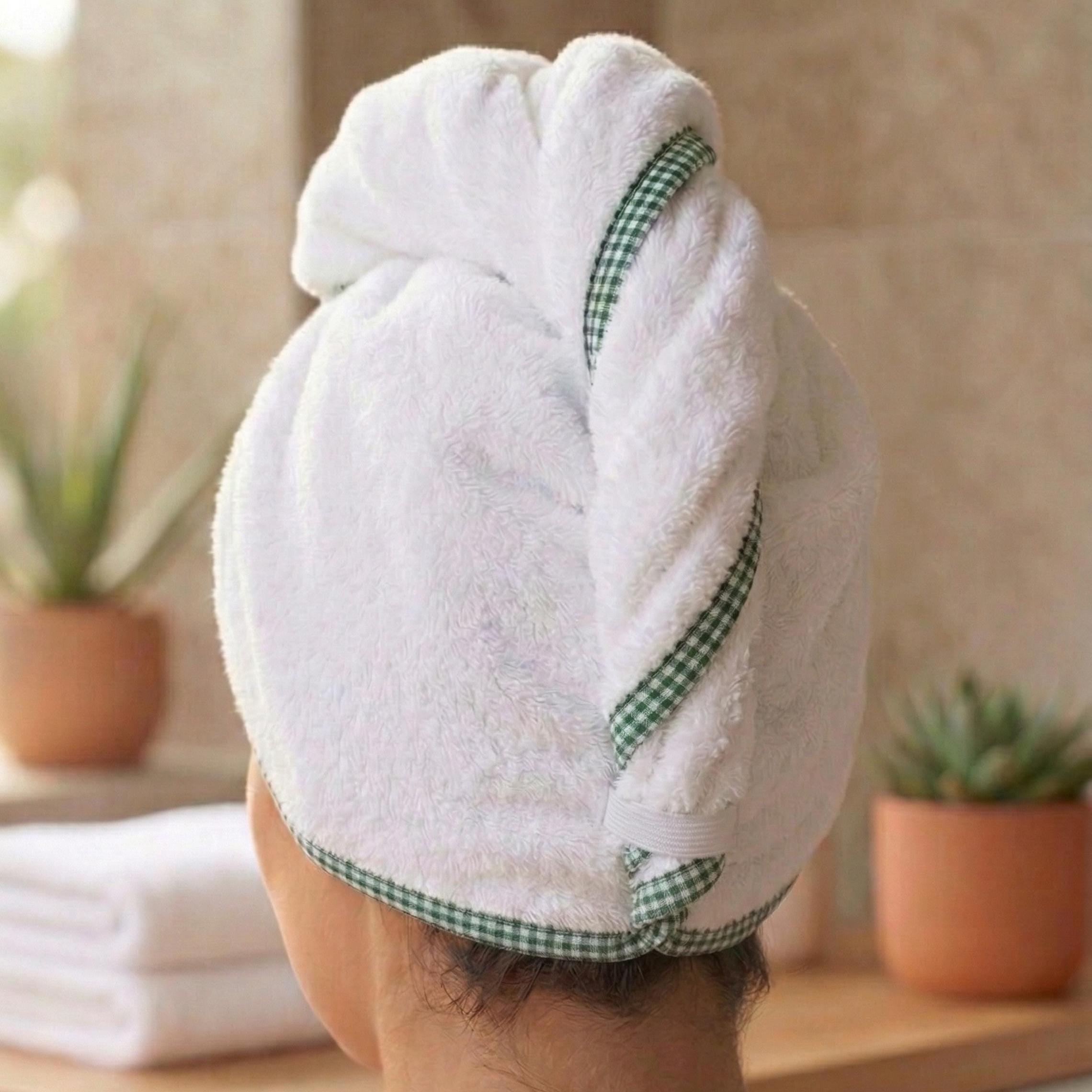 Hair Towel Wrap, Quick Dry Cotton HeadWrap with Green Gingham Trim, Fast Drying Turban, Absorbent Bath Towel