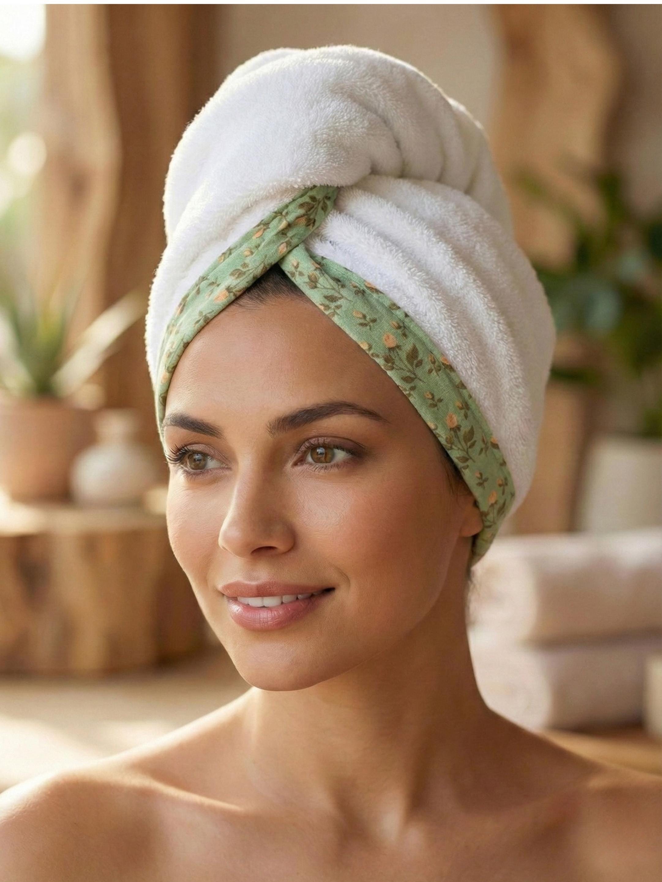 Terry Cloth Hair Towel Wrap, Sage Green Floral Trim, Handmade