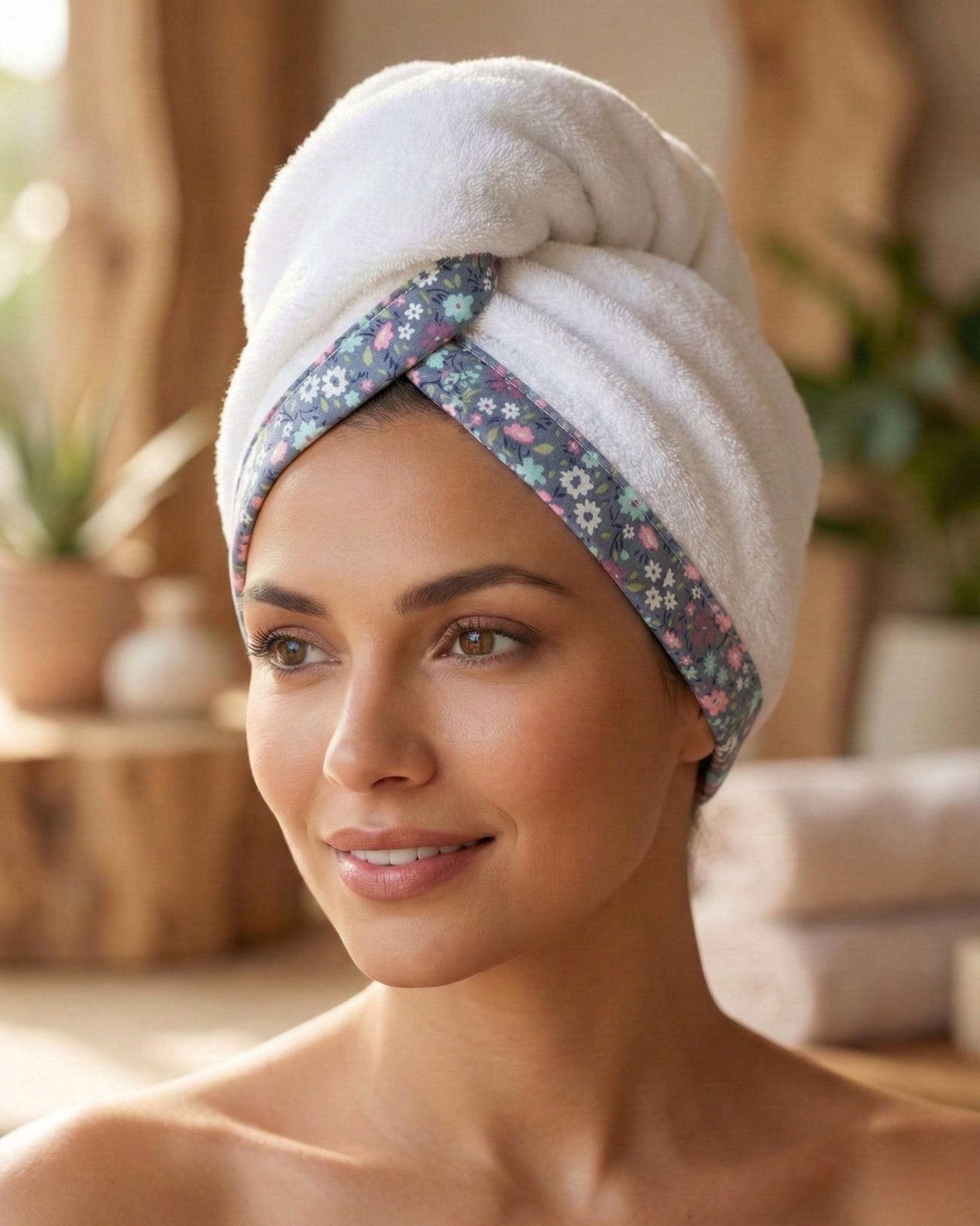Turkish Cotton Hair Towel Wrap, Quick Drying Turban, Floral Trim Head Towel