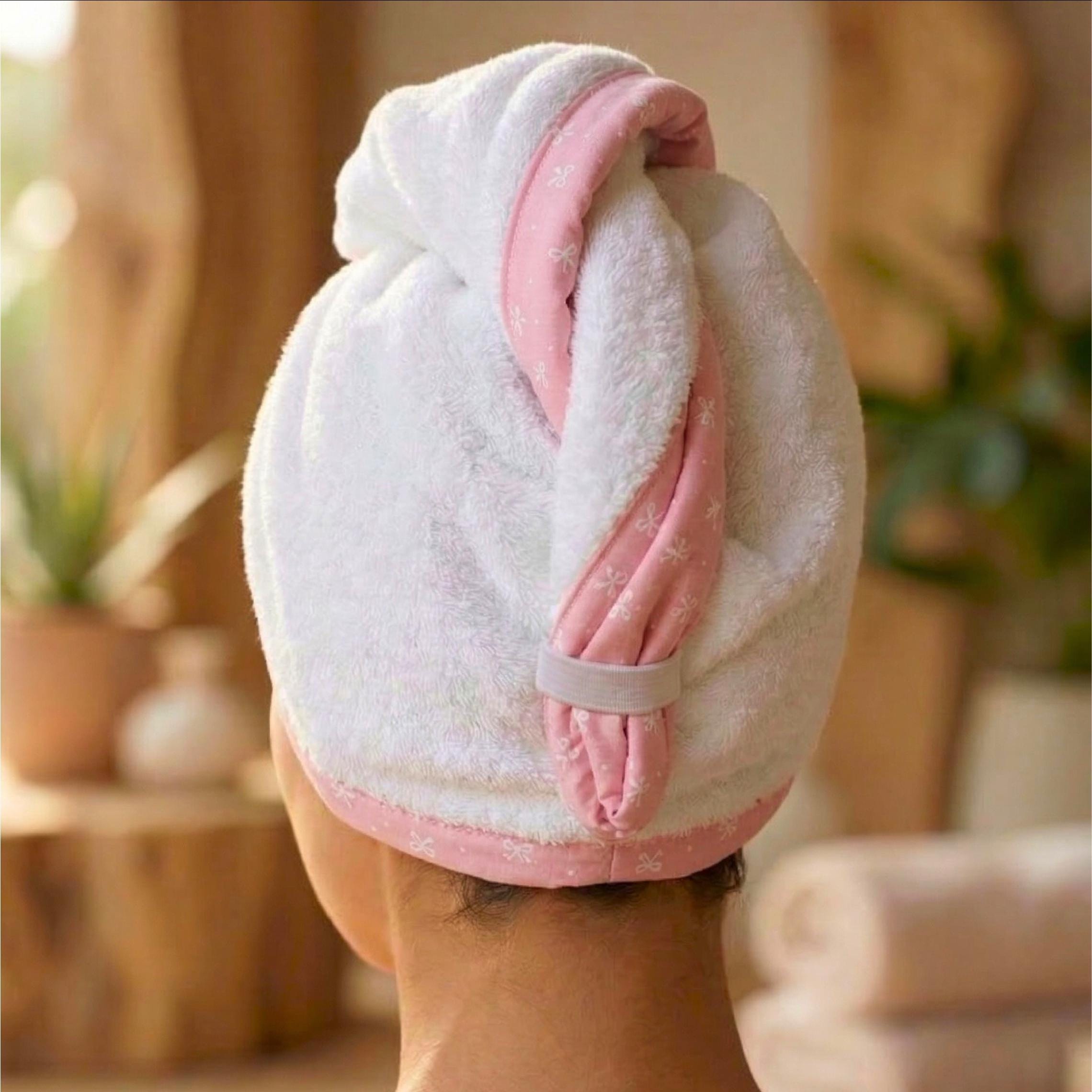 Hair Drying Towel Wrap – Pink Bow Printed Terry Turban