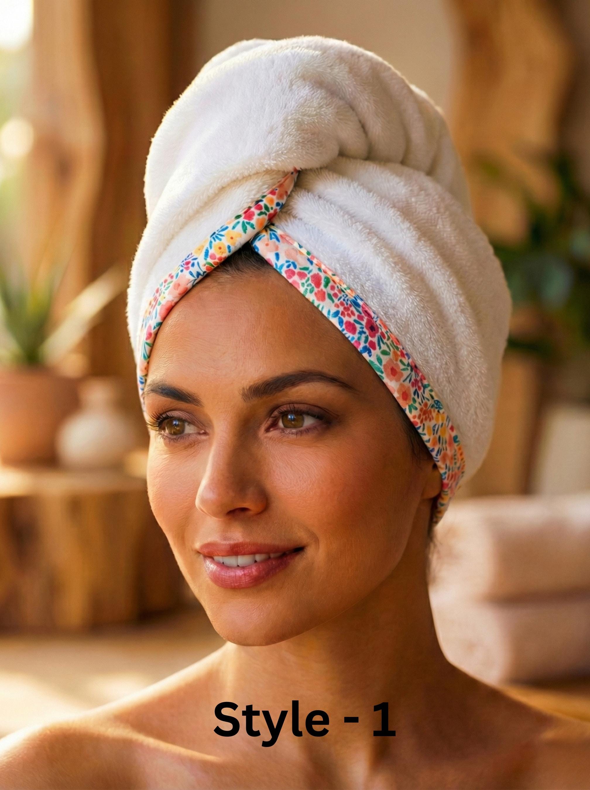 Floral Terry Hair Towel Wrap, Absorbent Cotton Twist Towel Turban