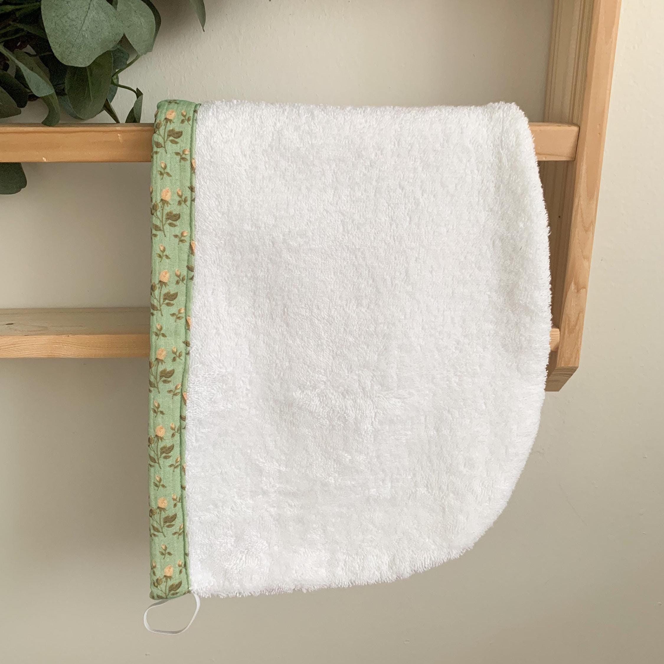 Terry Cloth Hair Towel Wrap, Sage Green Floral Trim, Handmade