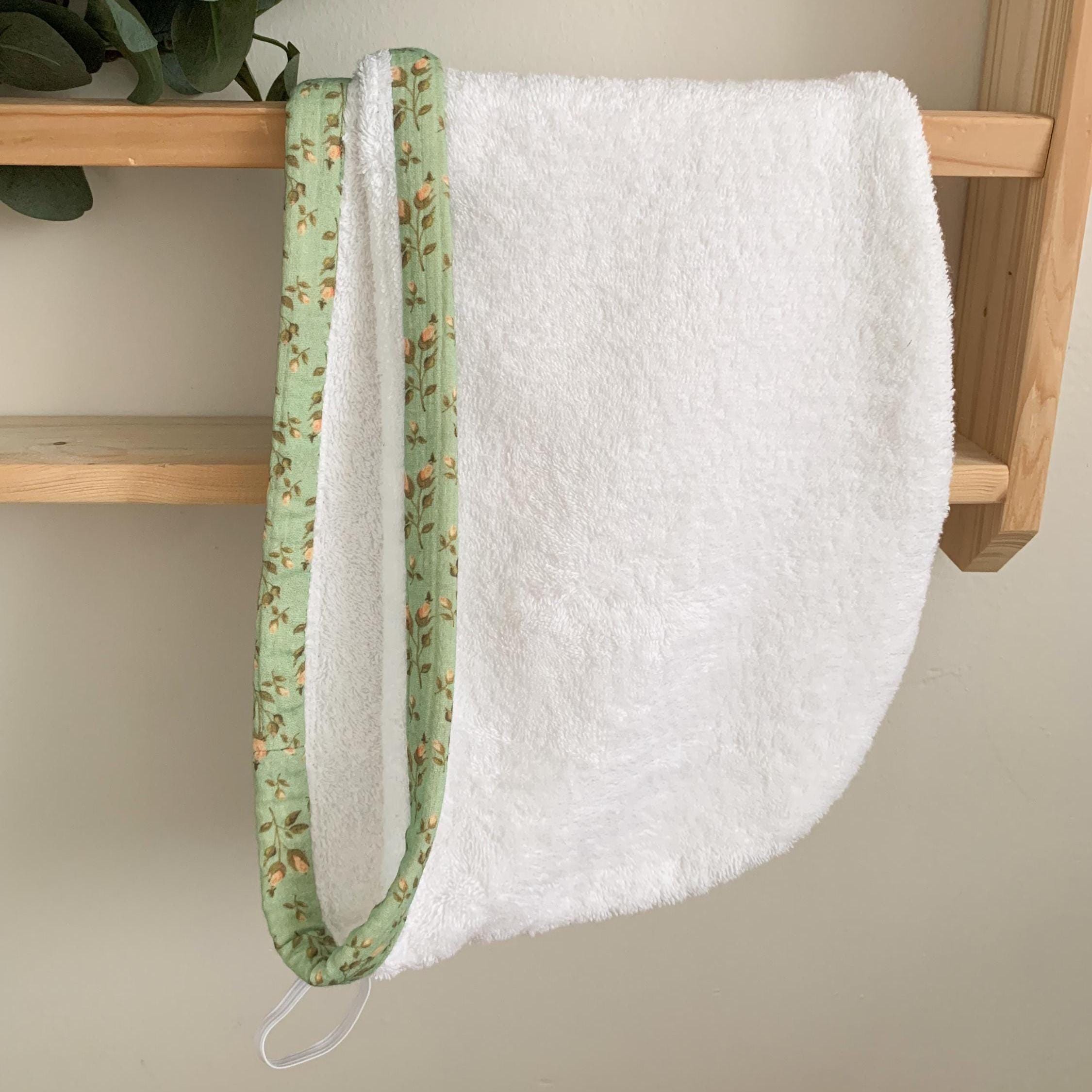 Terry Cloth Hair Towel Wrap, Sage Green Floral Trim, Handmade