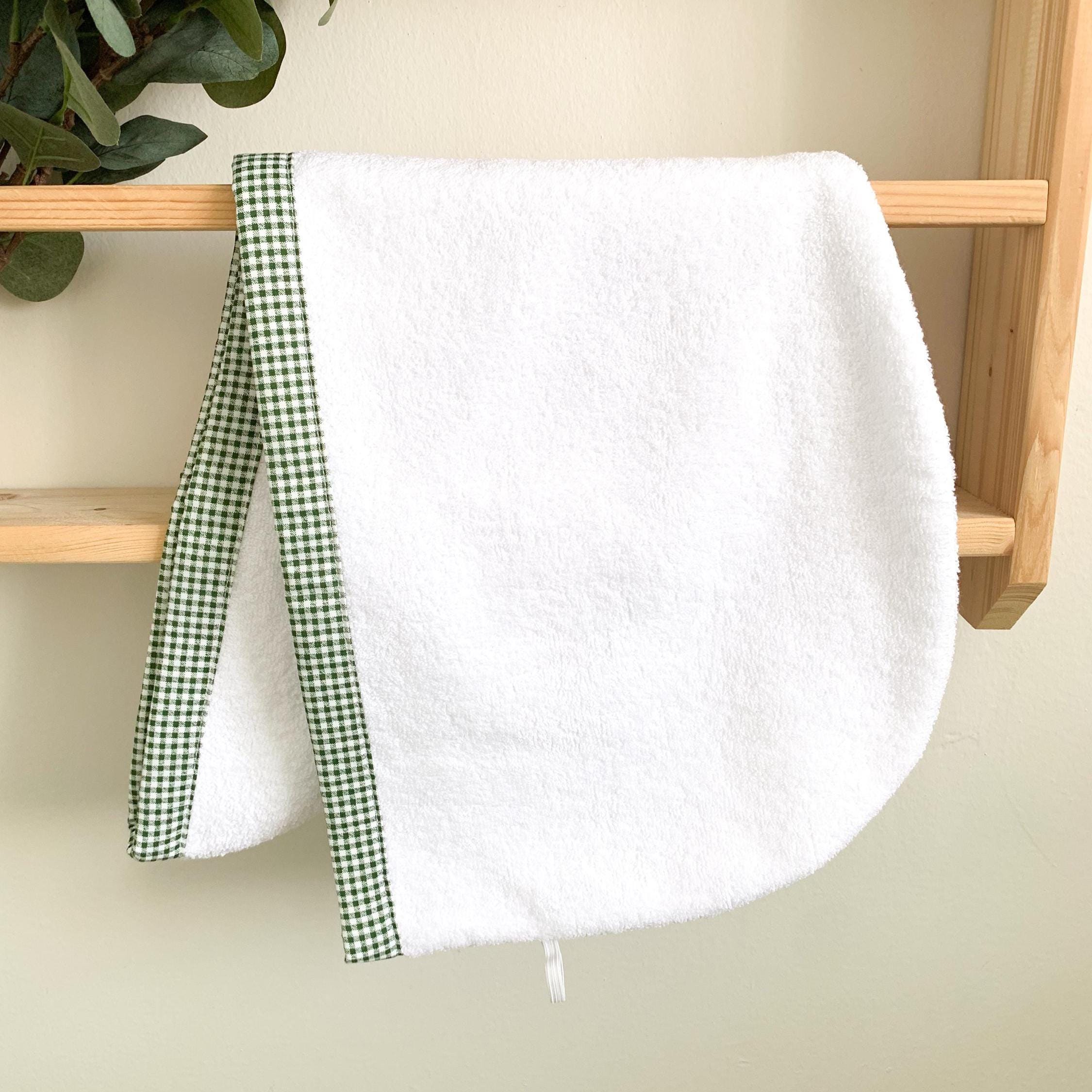 Hair Towel Wrap, Quick Dry Cotton HeadWrap with Green Gingham Trim, Fast Drying Turban, Absorbent Bath Towel