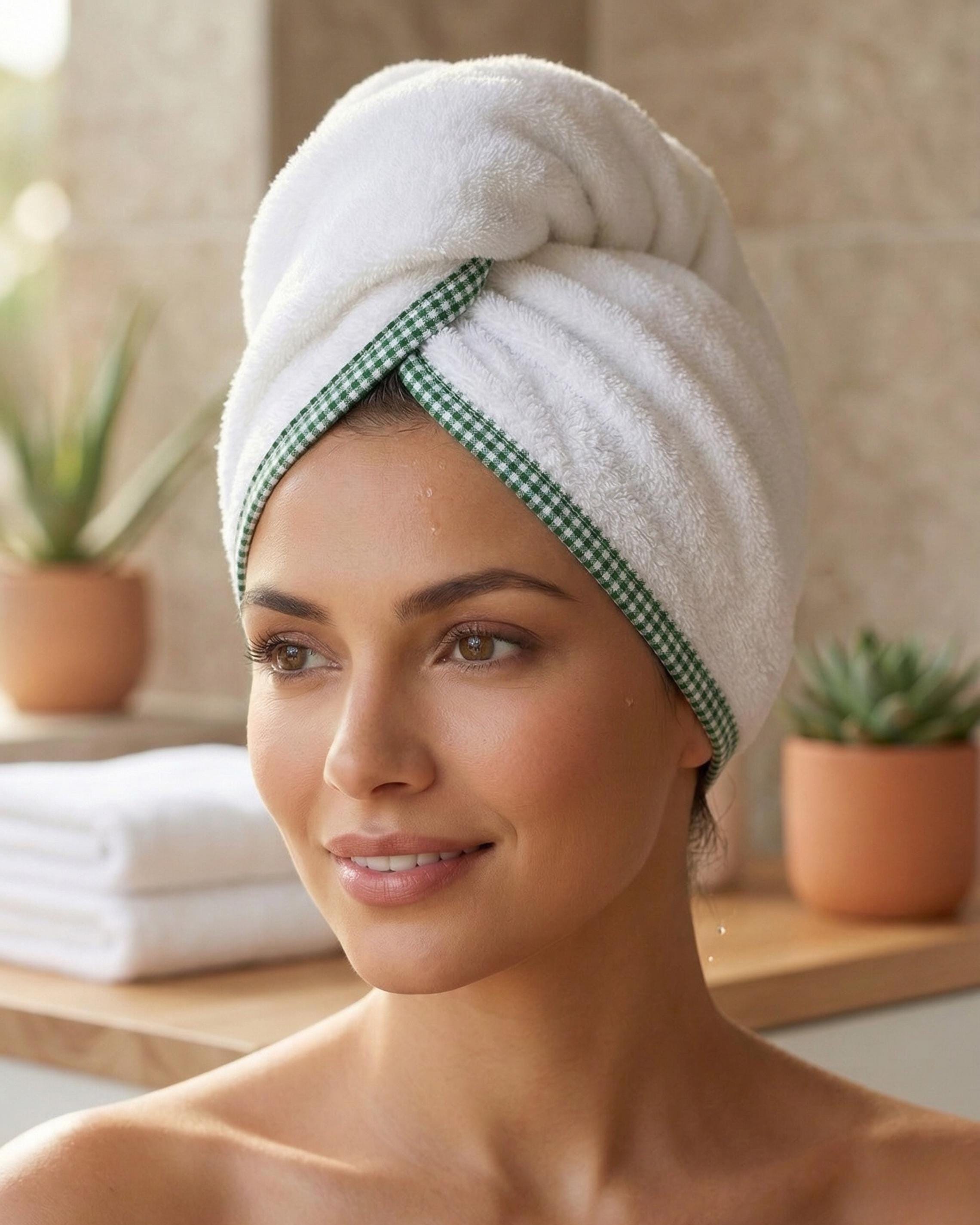 Hair Towel Wrap, Quick Dry Cotton HeadWrap with Green Gingham Trim, Fast Drying Turban, Absorbent Bath Towel