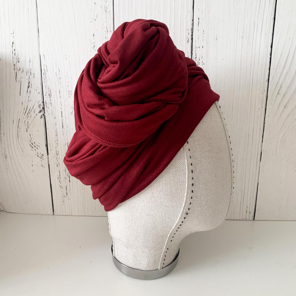 Burgundy Jersey Hijab, Claret Red Twist Turban Headscarf, Breathable Viscose Lycra Headwrap