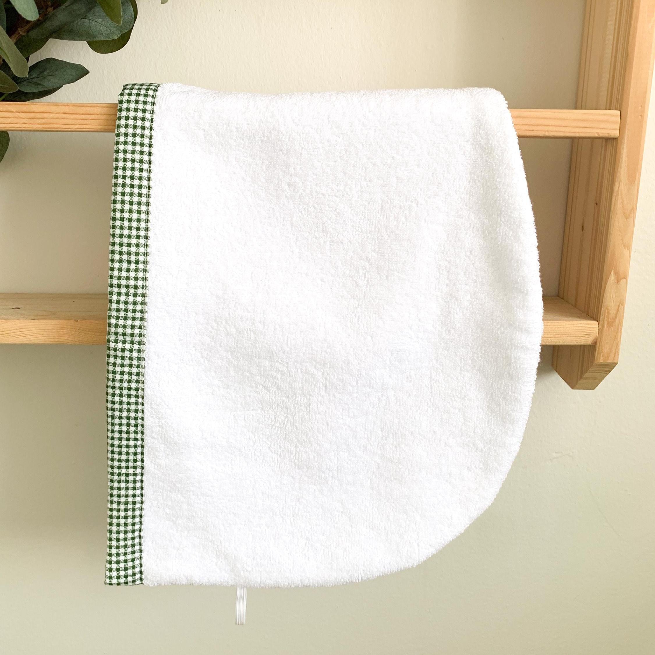 Hair Towel Wrap, Quick Dry Cotton HeadWrap with Green Gingham Trim, Fast Drying Turban, Absorbent Bath Towel