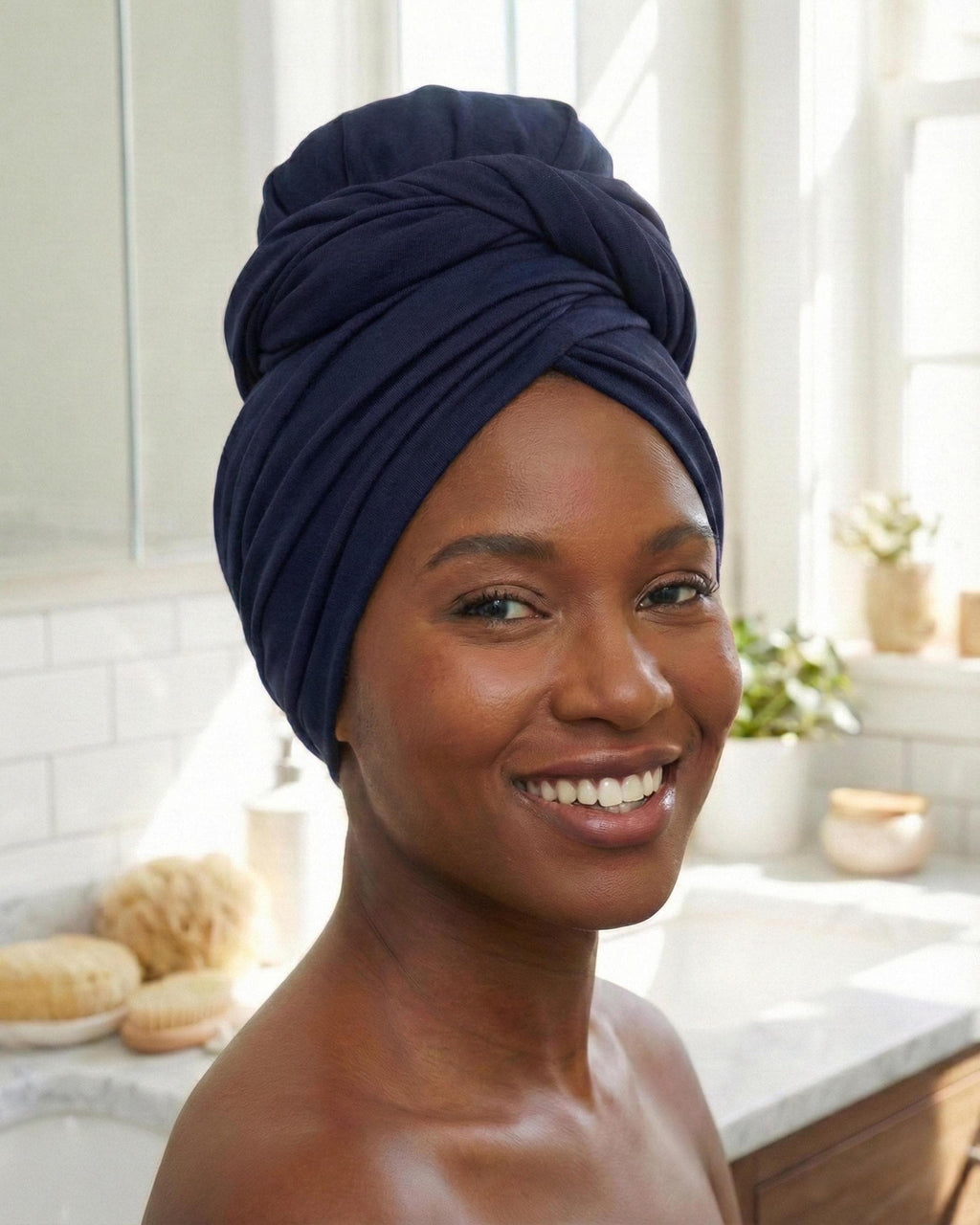Navy Blue Jersey Turban, Twist Women African HeadWrap, Cotton Lycra Neck Scarf