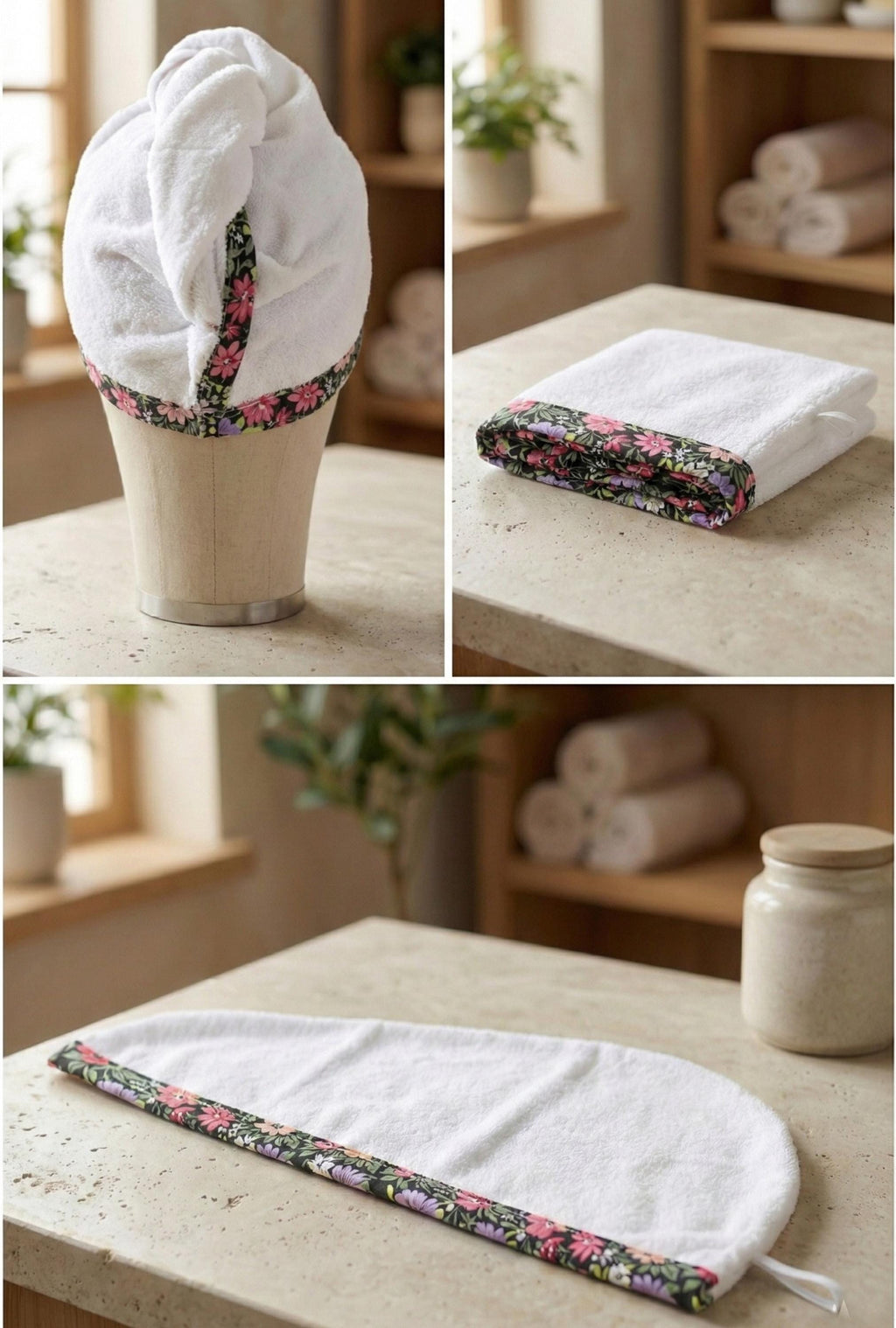 Floral Terry Hair Towel Wrap, Absorbent Cotton Twist Towel Turban