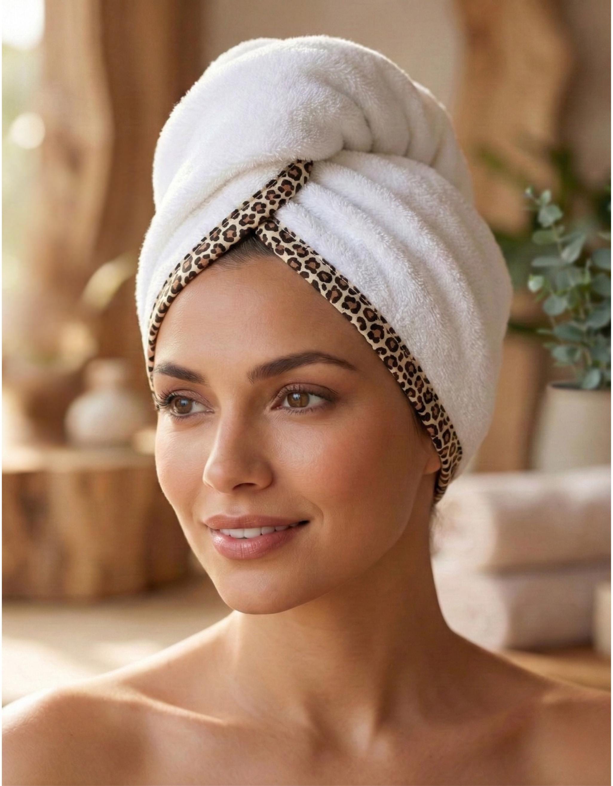 Leopard Print Hair Towel Turban – Quick Dry Turkish Cotton Wrap