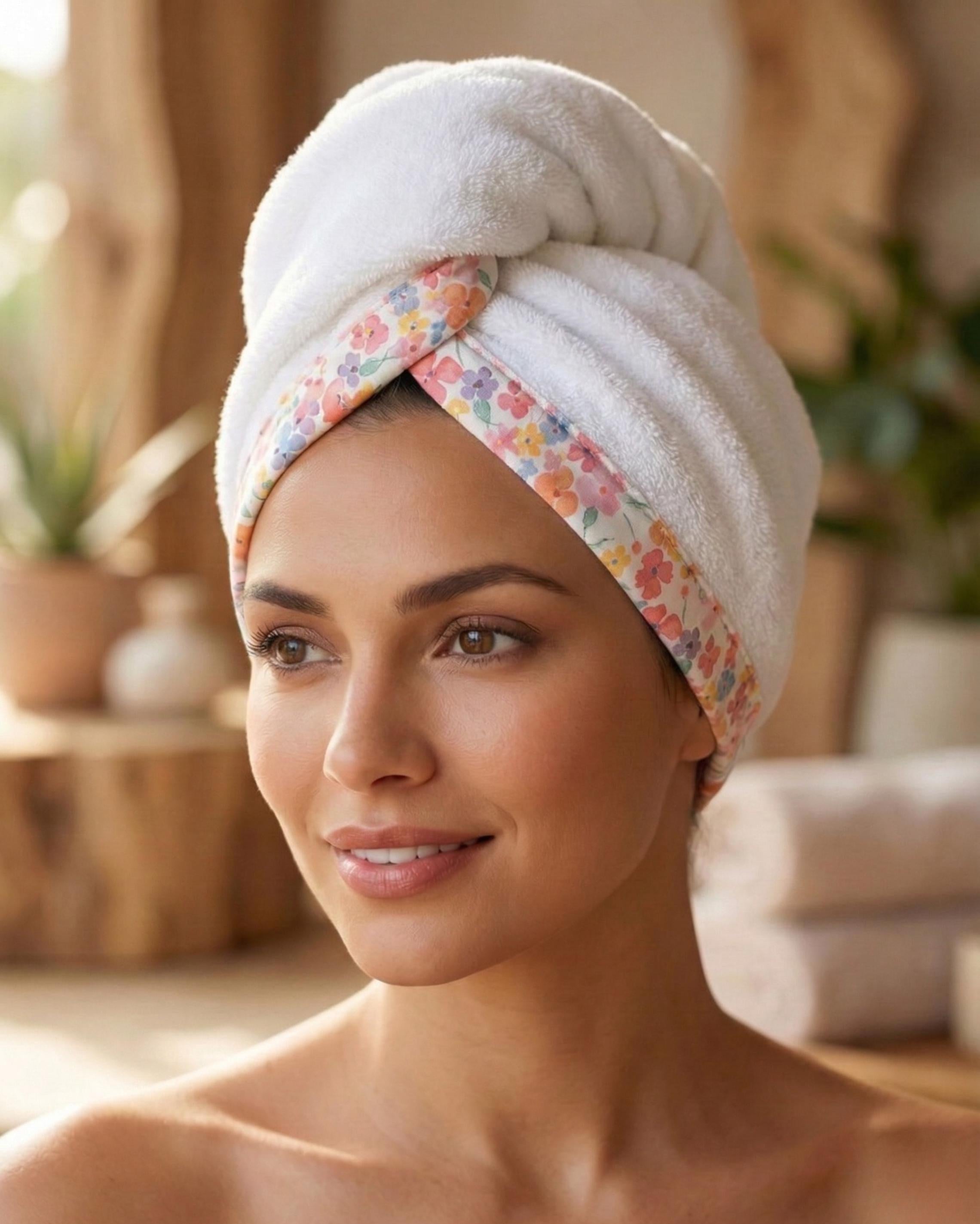 Cotton Hair Drying Towel Wrap, Quick Dry Towel Turban, Pink Floral Patterned Trim