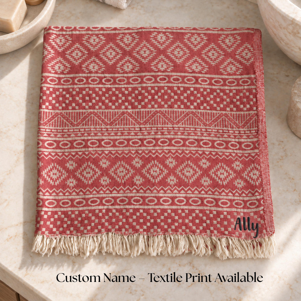 3-Layer Turkish Cotton Bath Towel, Muslin Double-Sided Hammam Peshtemall, Custom Name Print Spa Towel
