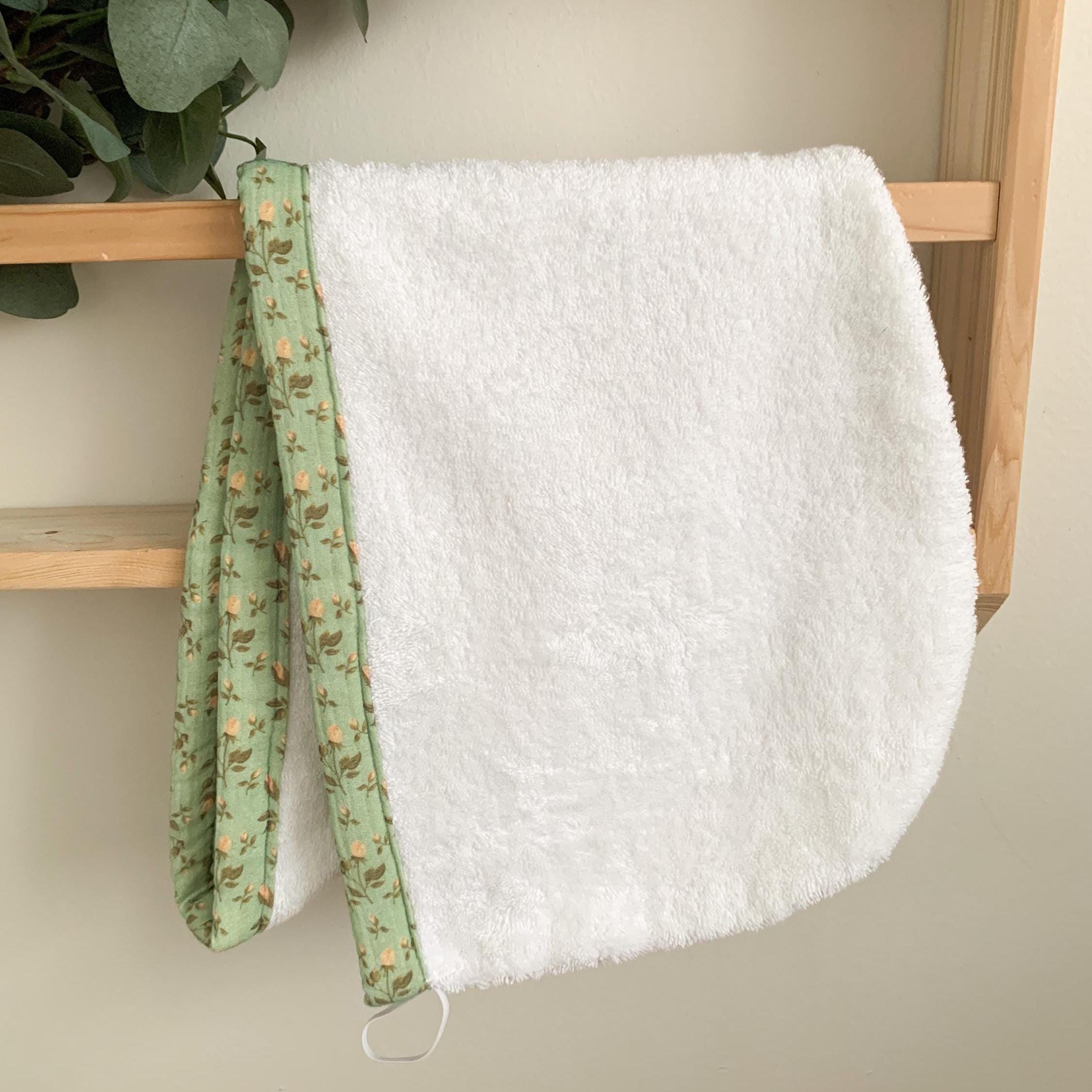 Terry Cloth Hair Towel Wrap, Sage Green Floral Trim, Handmade
