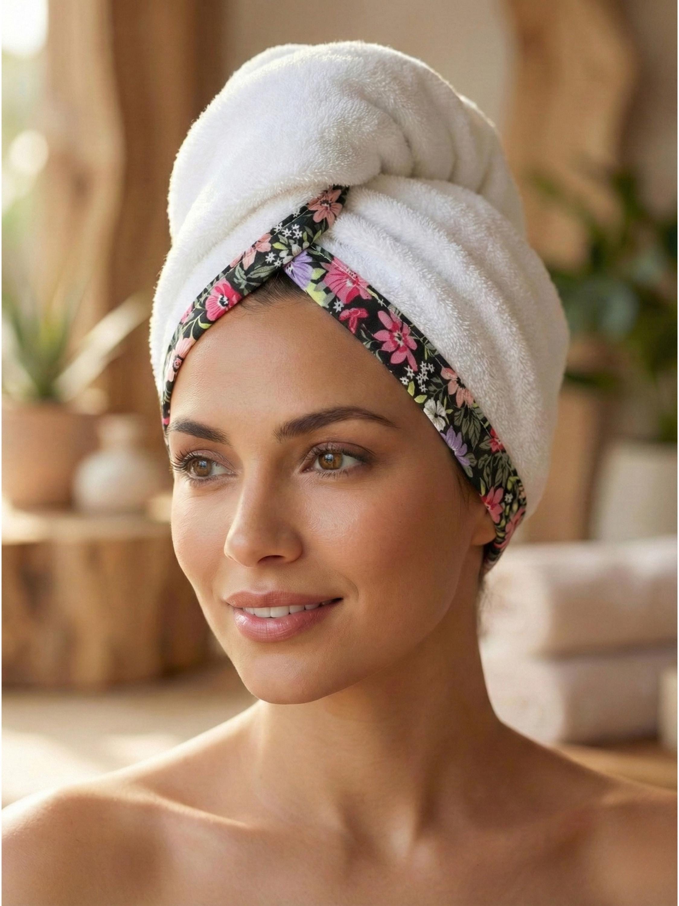 Floral Terry Hair Towel Wrap, Absorbent Cotton Twist Towel Turban