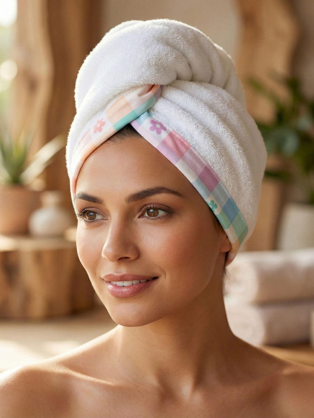 Pastel Plaid Hair Towel Wrap, Ultra Soft Hair Turban, Quick Dry Turkish Cotton Bath Towel, Gentle Hair Care Gift