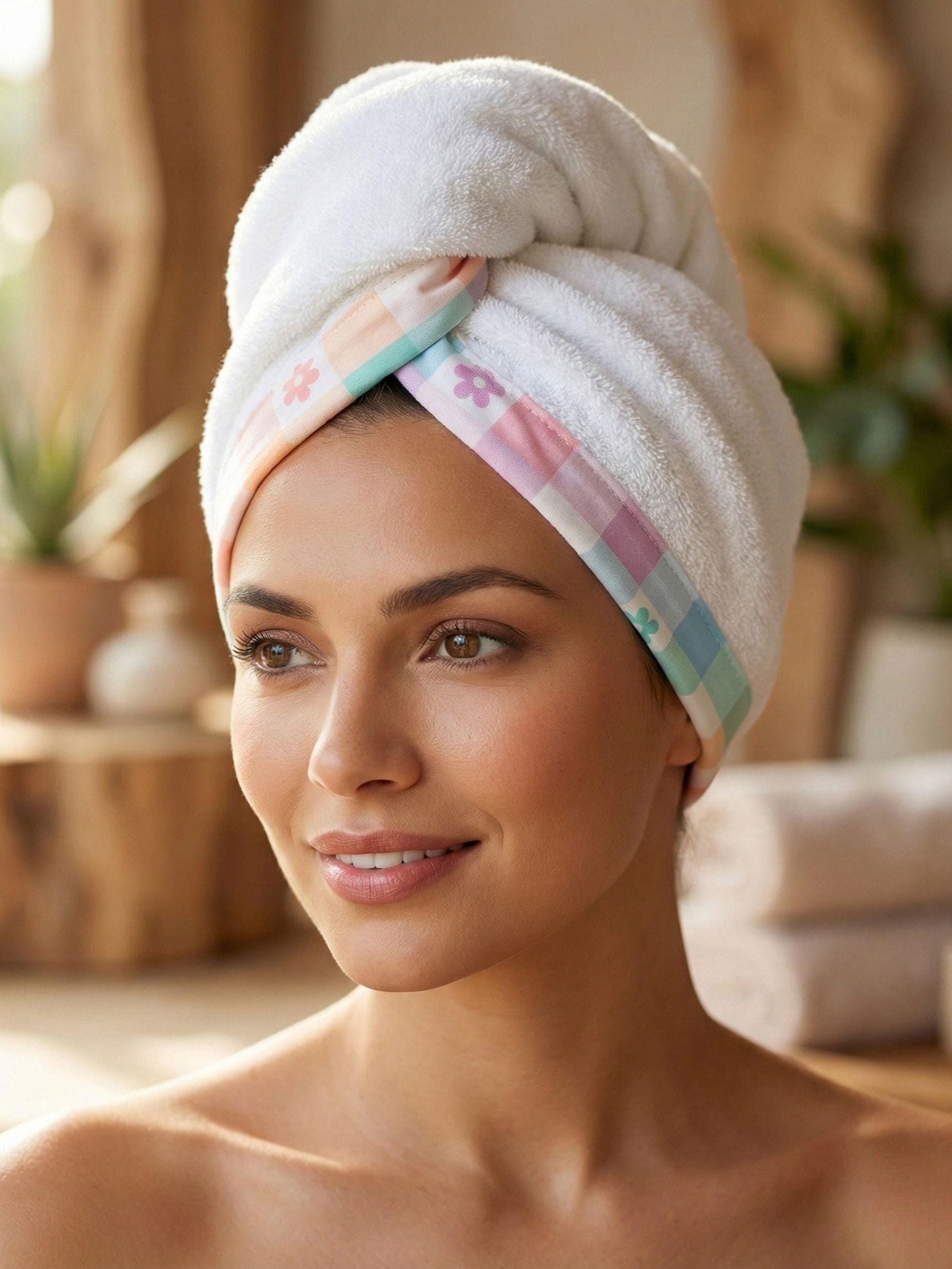 Pastel Plaid Hair Towel Wrap, Ultra Soft Hair Turban, Quick Dry Turkish Cotton Bath Towel, Gentle Hair Care Gift